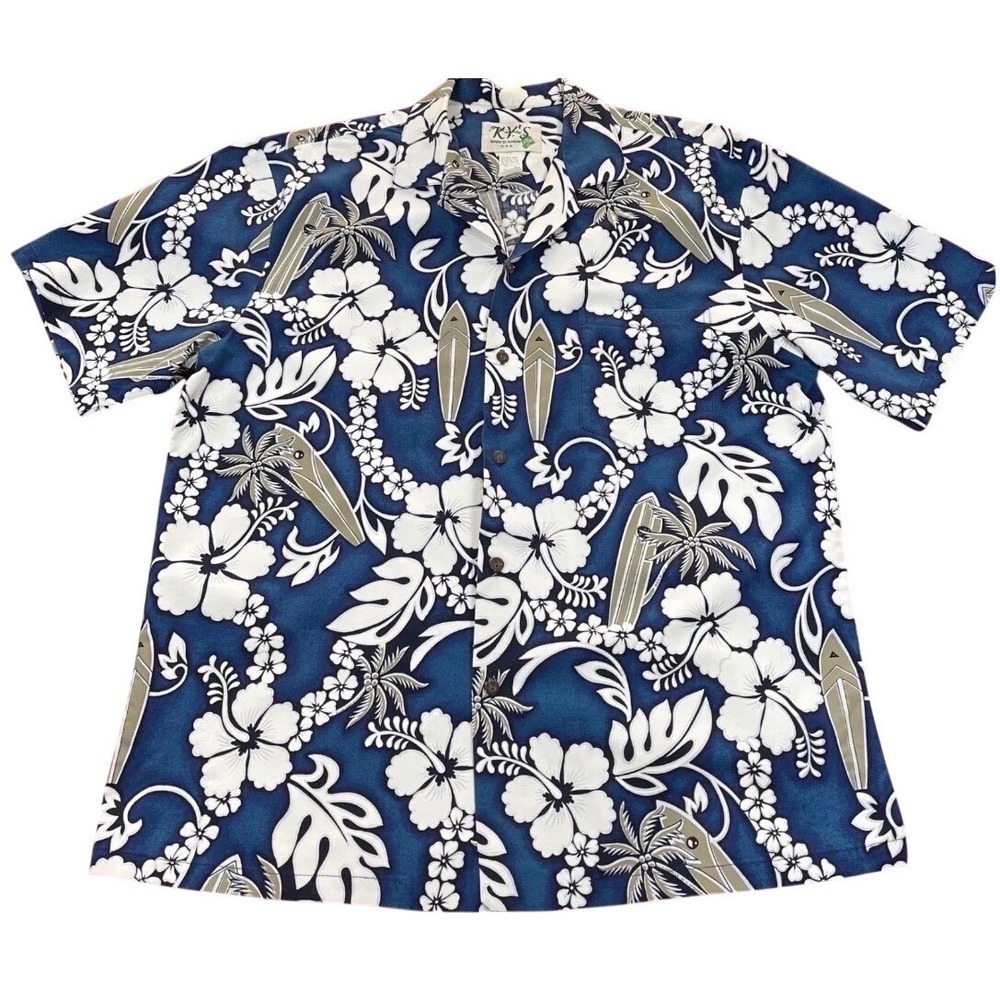 KY'S Hawaiian Shirt Mens XL Blue White Hibiscus Surfboard Cotton Made in Hawaii
